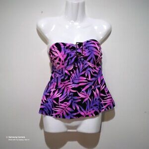 Island Escape Black & Pink Foliage Twisty Padded Strapless Bandini Tankini NWT